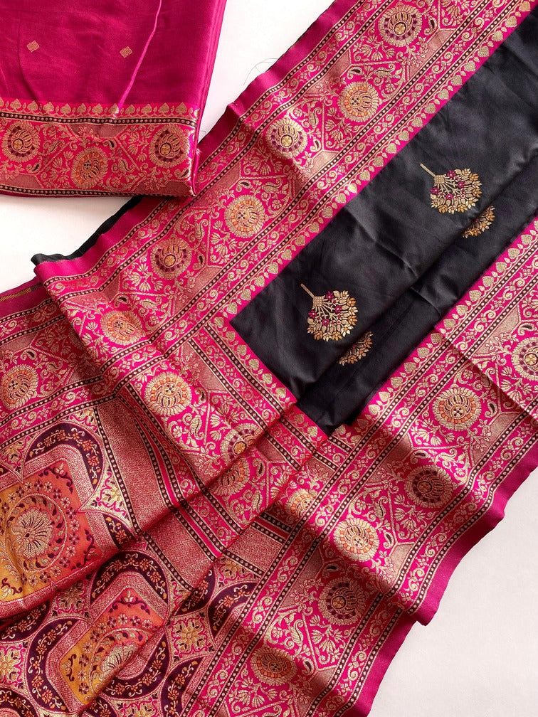 Sophisticated Black Soft Banarasi Silk Saree With Flaunt Blouse Piece