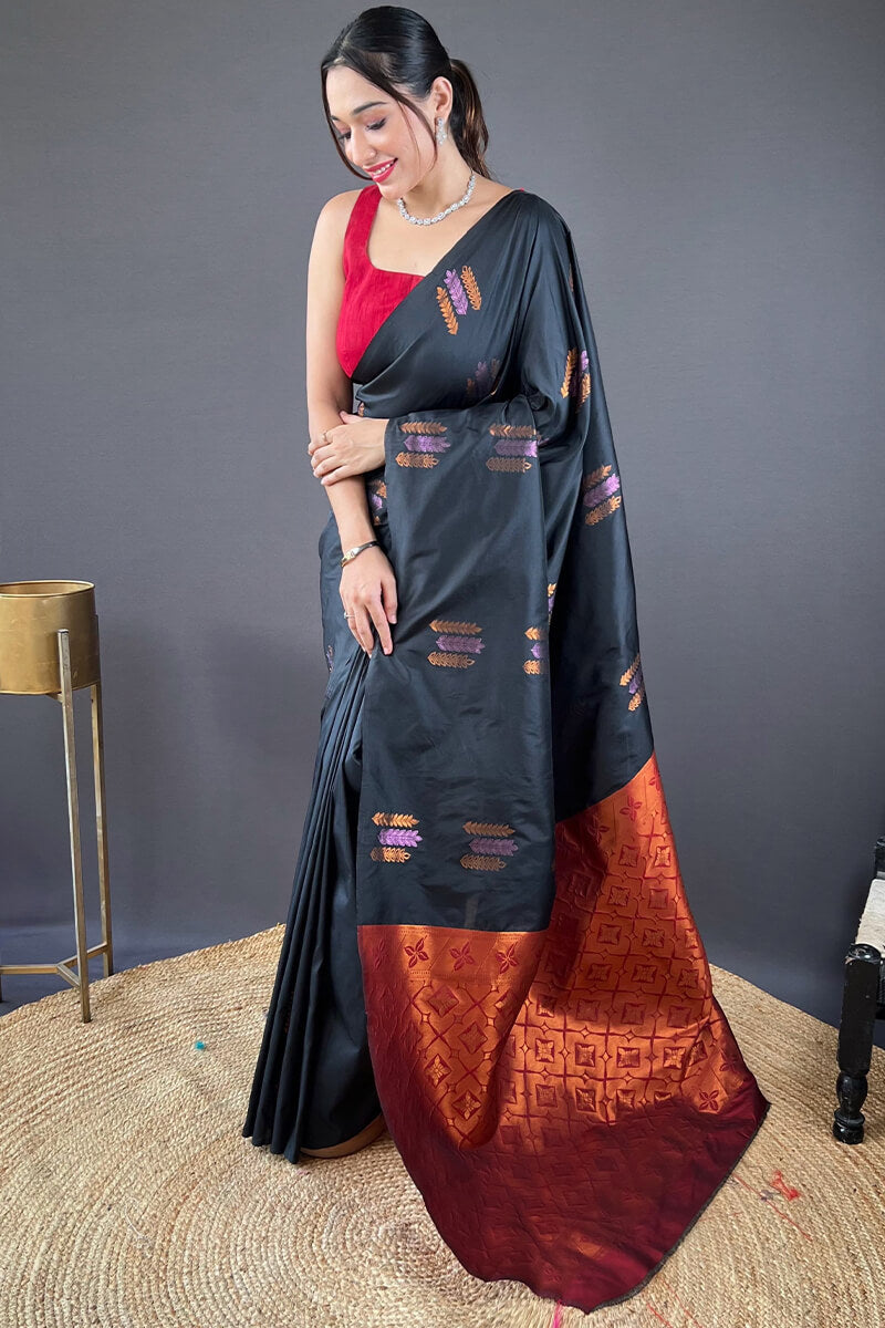 Arresting Black Soft Banarasi Silk Saree With Girlish Blouse Piece