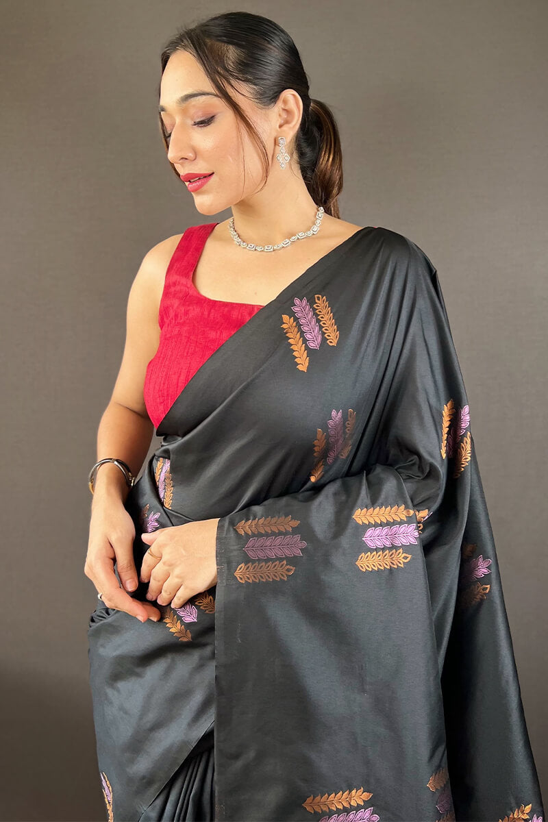 Arresting Black Soft Banarasi Silk Saree With Girlish Blouse Piece