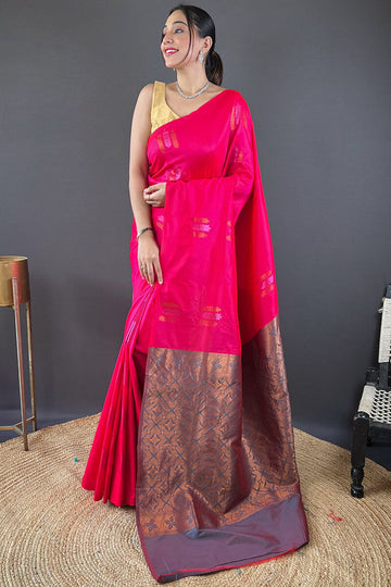 Skinny Dark Pink Soft Banarasi Silk Saree With Lovely  Blouse Piece