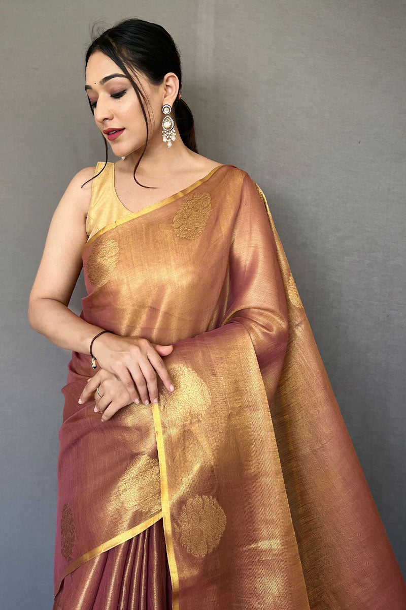 Ravishing Wine Soft Banarasi Tissue Silk Saree With Winsome Blouse Piece