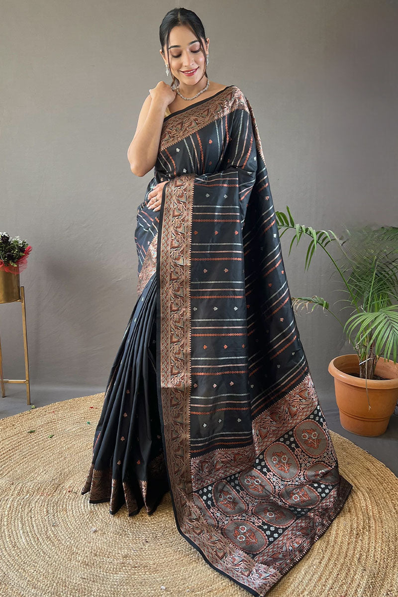 Glowing Black Soft Banarasi Silk Saree With Invaluable Blouse Piece