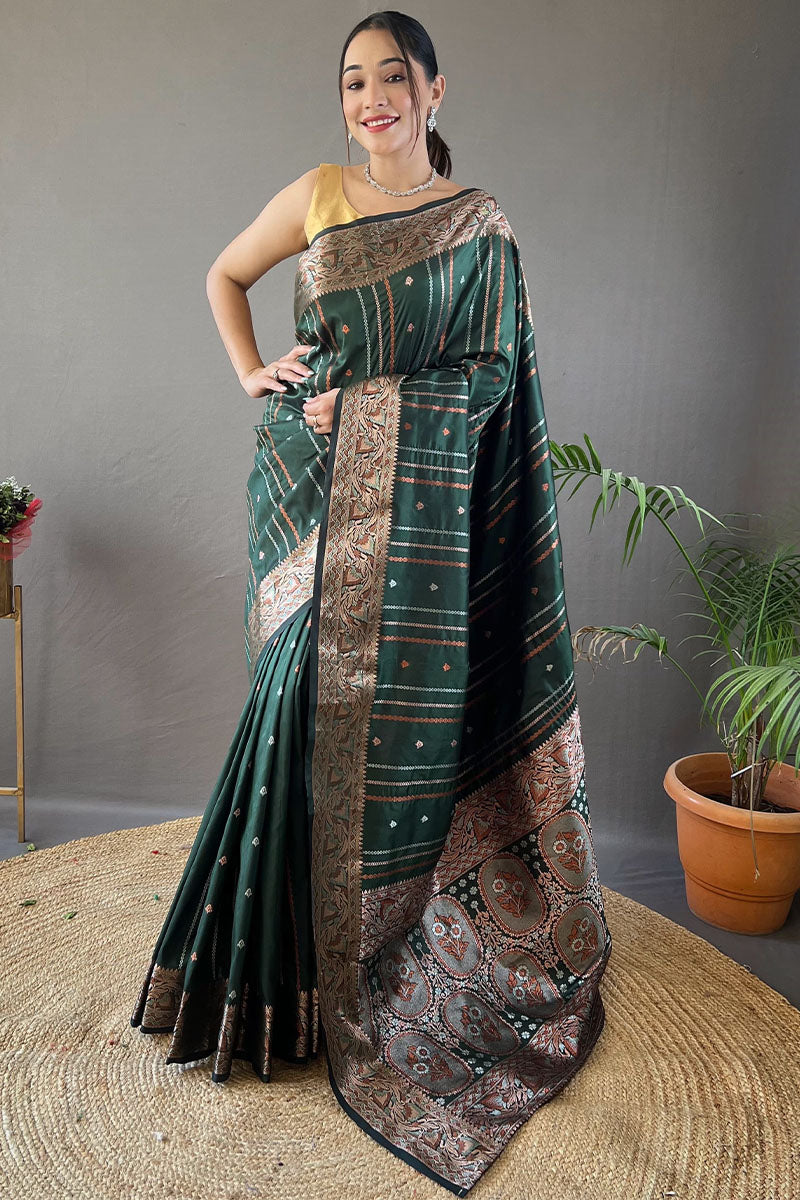 Amiable Dark Green Soft Banarasi Silk Saree With Serendipity Blouse Piece