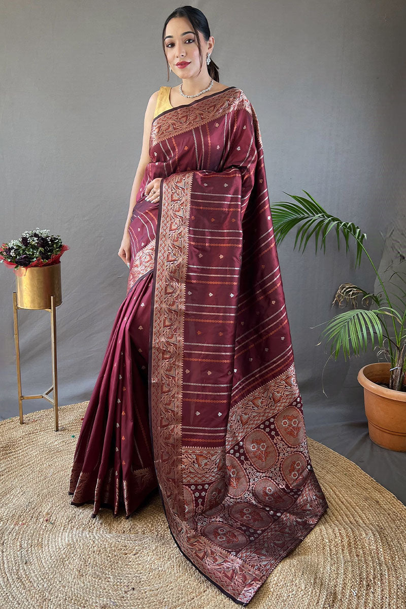 Imbrication Maroon Soft Banarasi Silk Saree With Ebullience Blouse Piece