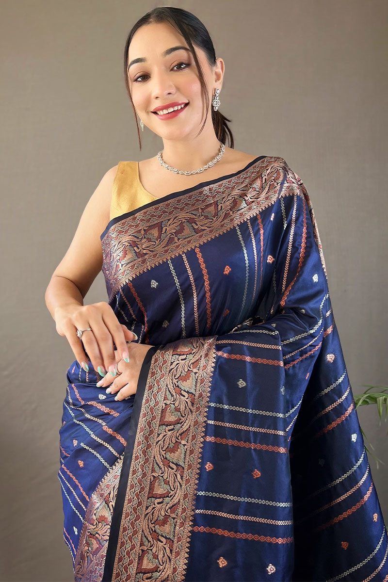 Assemblage Navy Blue Soft Banarasi Silk Saree With Beauteous Blouse Piece