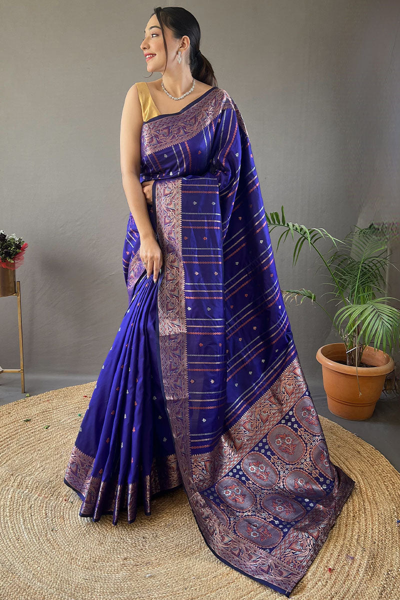 Groovy Royal Blue Soft Banarasi Silk Saree With Blooming Blouse Piece