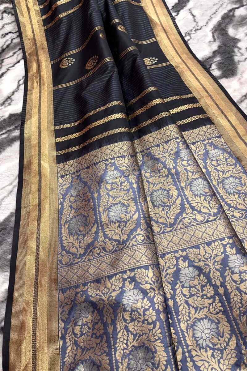 Pretty Black Soft Banarasi Silk Saree With Extraordinary Blouse Piece