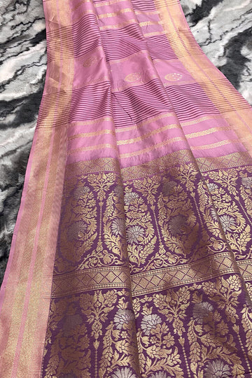 Skinny Pink Soft Banarasi Silk Saree With Outstanding Blouse Piece