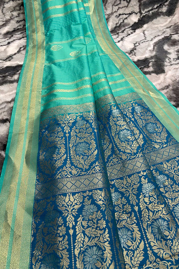 Demanding Turquoise Soft Banarasi Silk Saree With Smart Blouse Piece