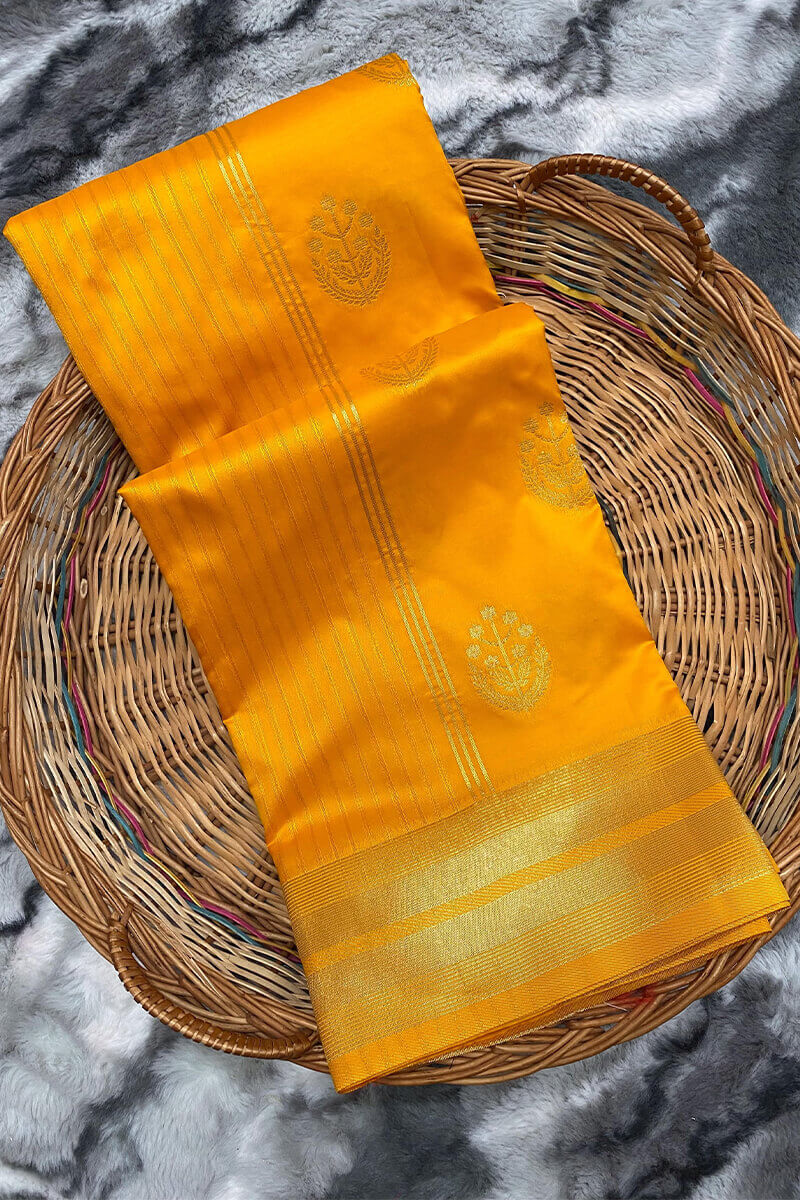 Preferable Yellow Soft Banarasi Silk Saree With Fairytale Blouse Piece