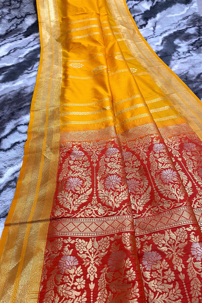 Preferable Yellow Soft Banarasi Silk Saree With Fairytale Blouse Piece