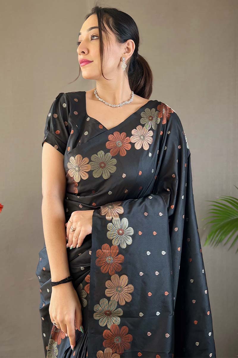 Trendy Black Soft Banarasi Silk Saree With Flattering Blouse Piece