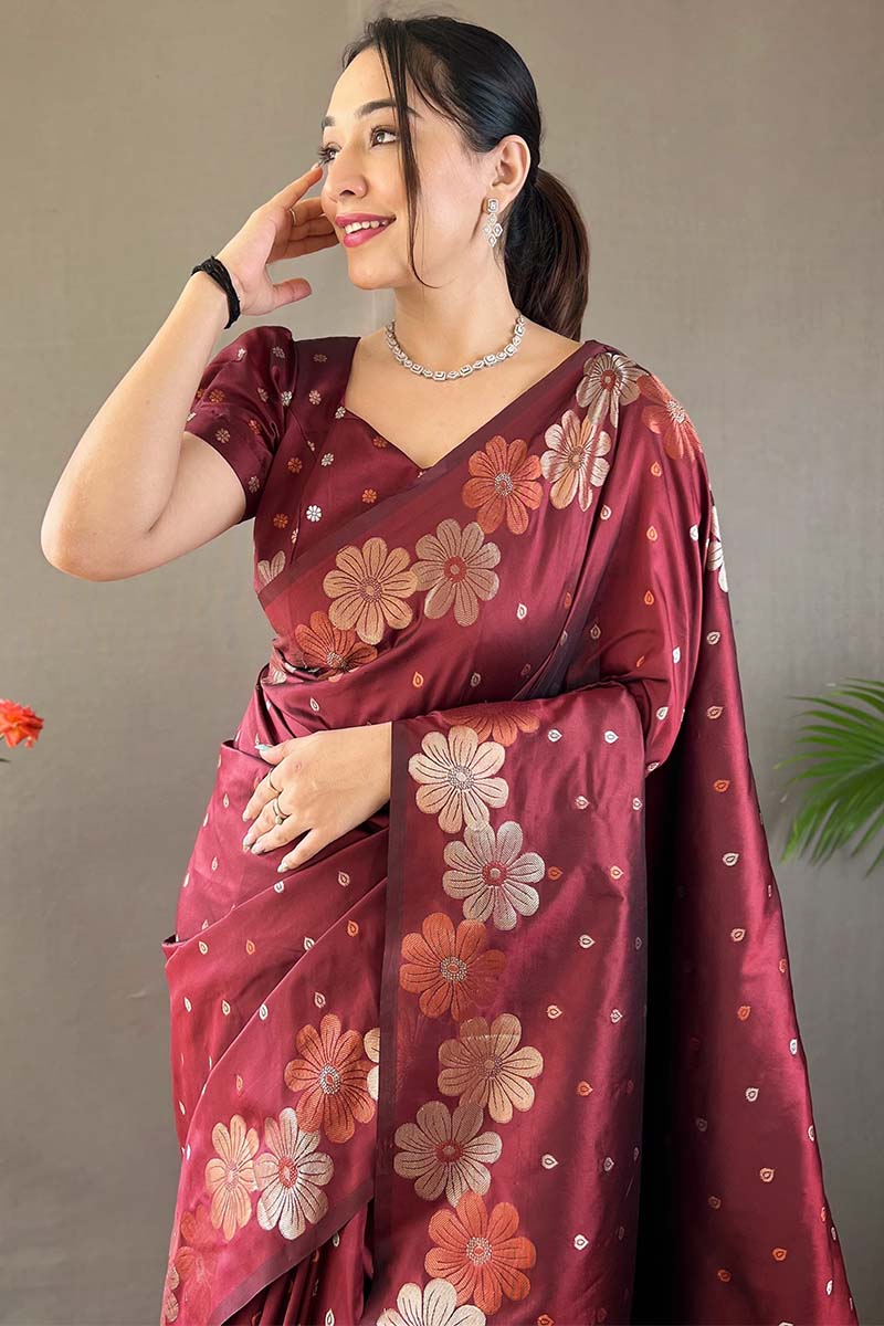 Mesmerising Maroon Soft Banarasi Silk Saree With Capricious Blouse Piece