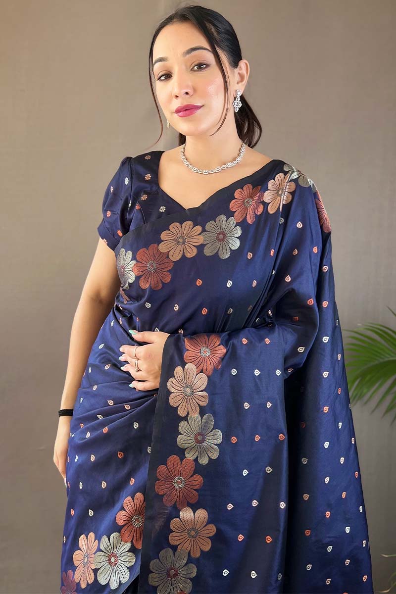 Deserving Navy Blue Soft Banarasi Silk Saree With Intricate Blouse Piece