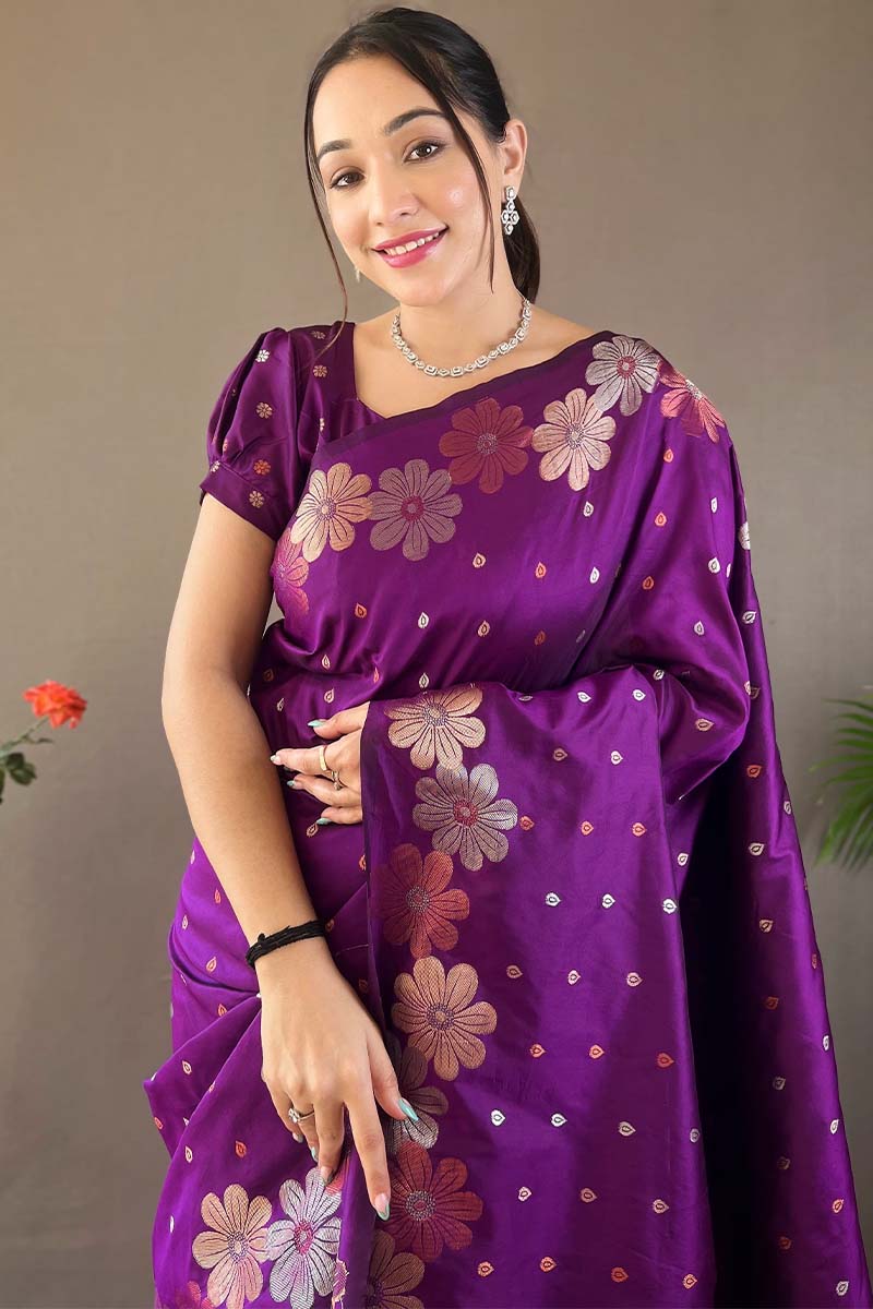 Blooming Purple Soft Banarasi Silk Saree With Hypnotic Blouse Piece