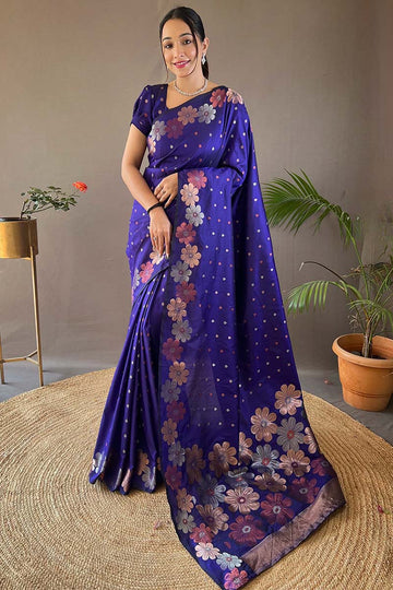 Prominent Royal Blue Soft Banarasi Silk Saree With Glorious Blouse Piece