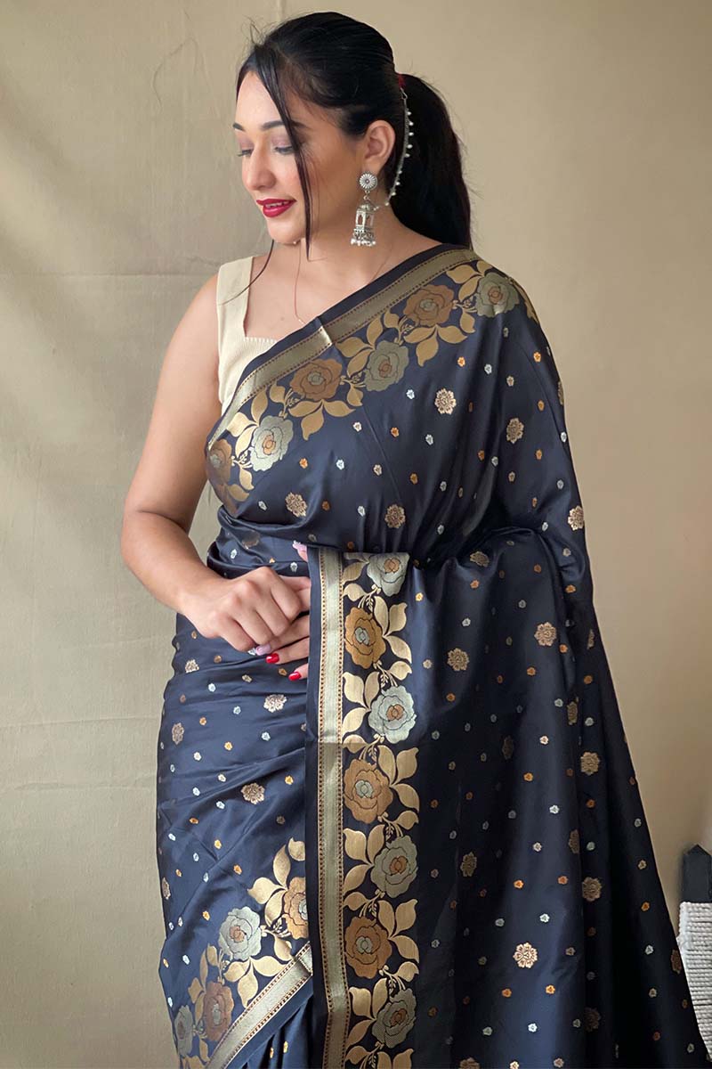 Embrocation Black Soft Banarasi Silk Saree With Lassitude Blouse Piece