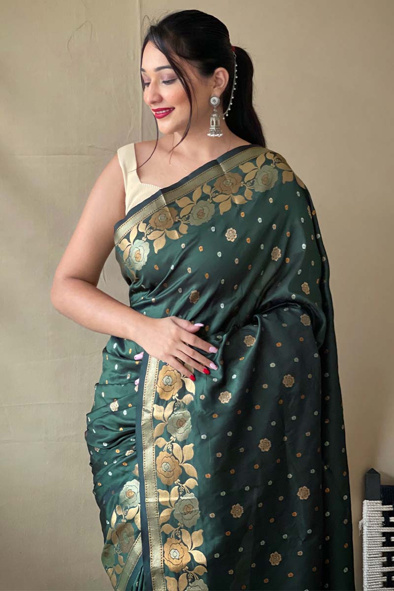 Nemesis Dark Green Soft Banarasi Silk Saree With Quintessential Blouse Piece