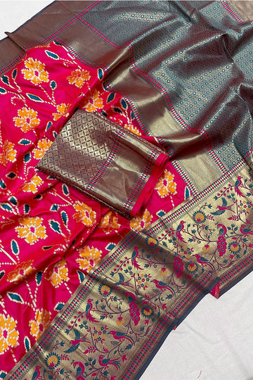 Unique Dark Pink Patola Silk Saree with Mesmerising Blouse Piece