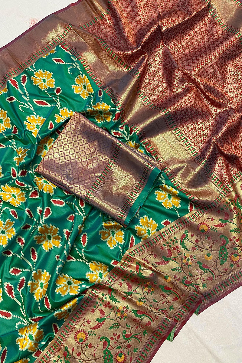 Amazing Green Patola Silk Saree with Mesmerising Blouse Piece