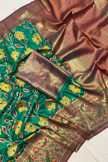 Amazing Green Patola Silk Saree with Mesmerising Blouse Piece