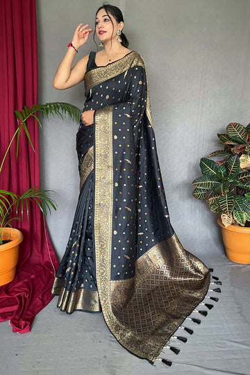 Enigmatic Black Soft Banarasi Silk Saree With Enamoring Blouse Piece