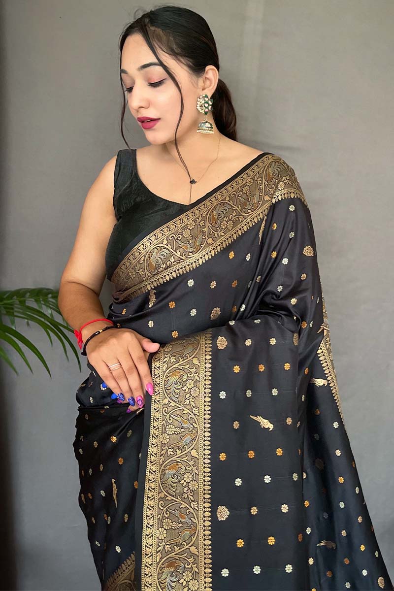 Enigmatic Black Soft Banarasi Silk Saree With Enamoring Blouse Piece