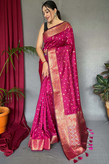 Rhapsody Dark Pink Soft Banarasi Silk Saree With Winsome Blouse Piece