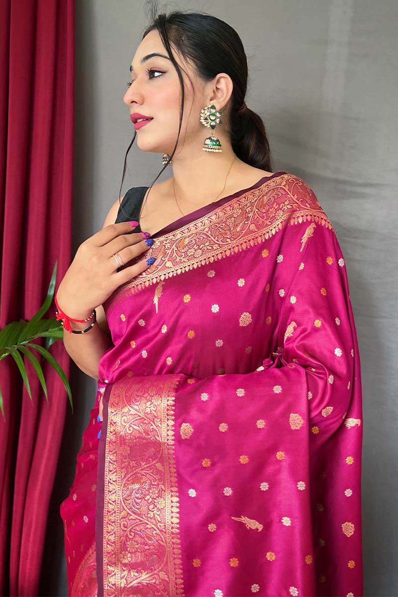 Rhapsody Dark Pink Soft Banarasi Silk Saree With Winsome Blouse Piece