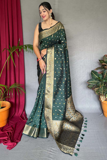 Unequalled Dark Green Soft Banarasi Silk Saree With Exemplary Blouse Piece