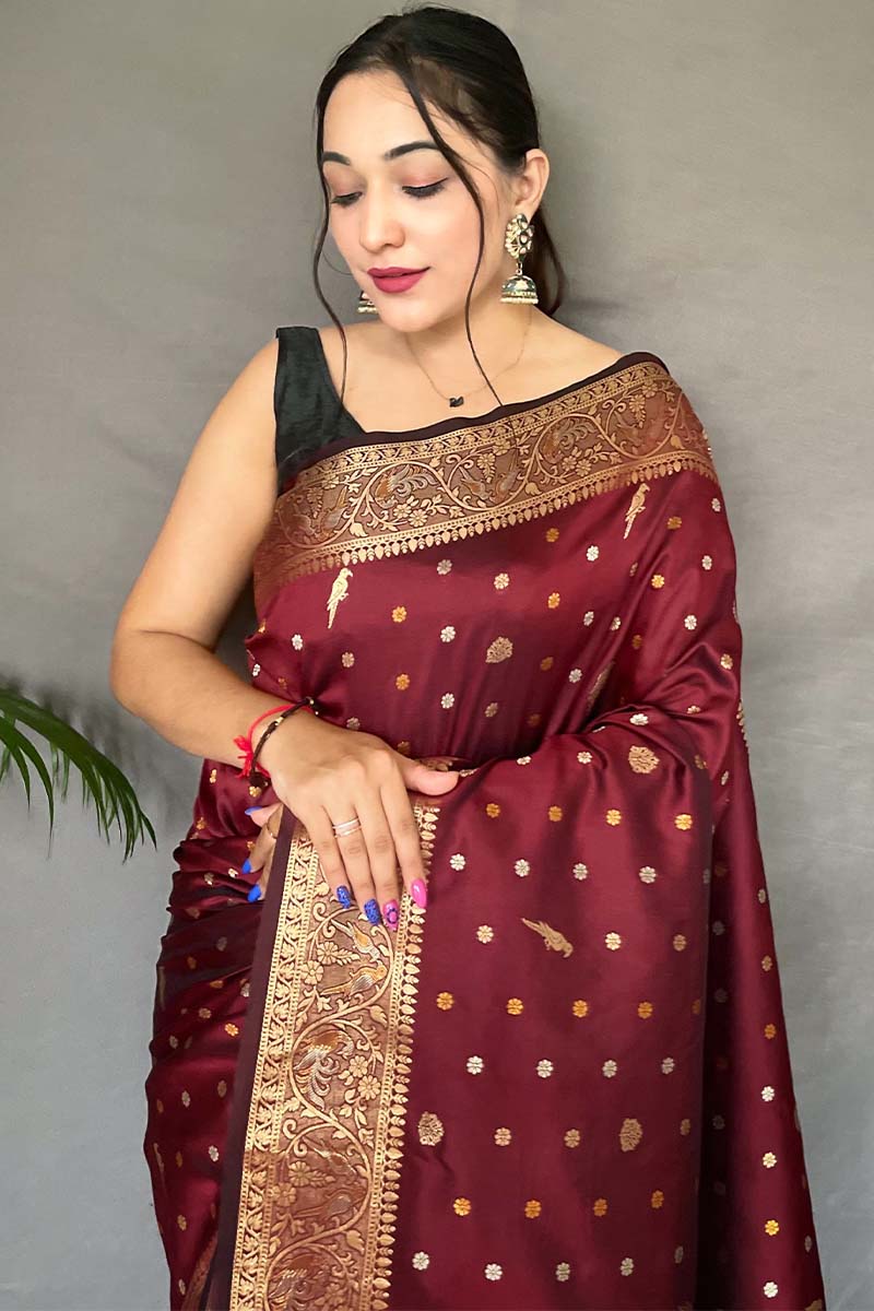 Exuberant Maroon Soft Banarasi Silk Saree With Whimsical Blouse Piece