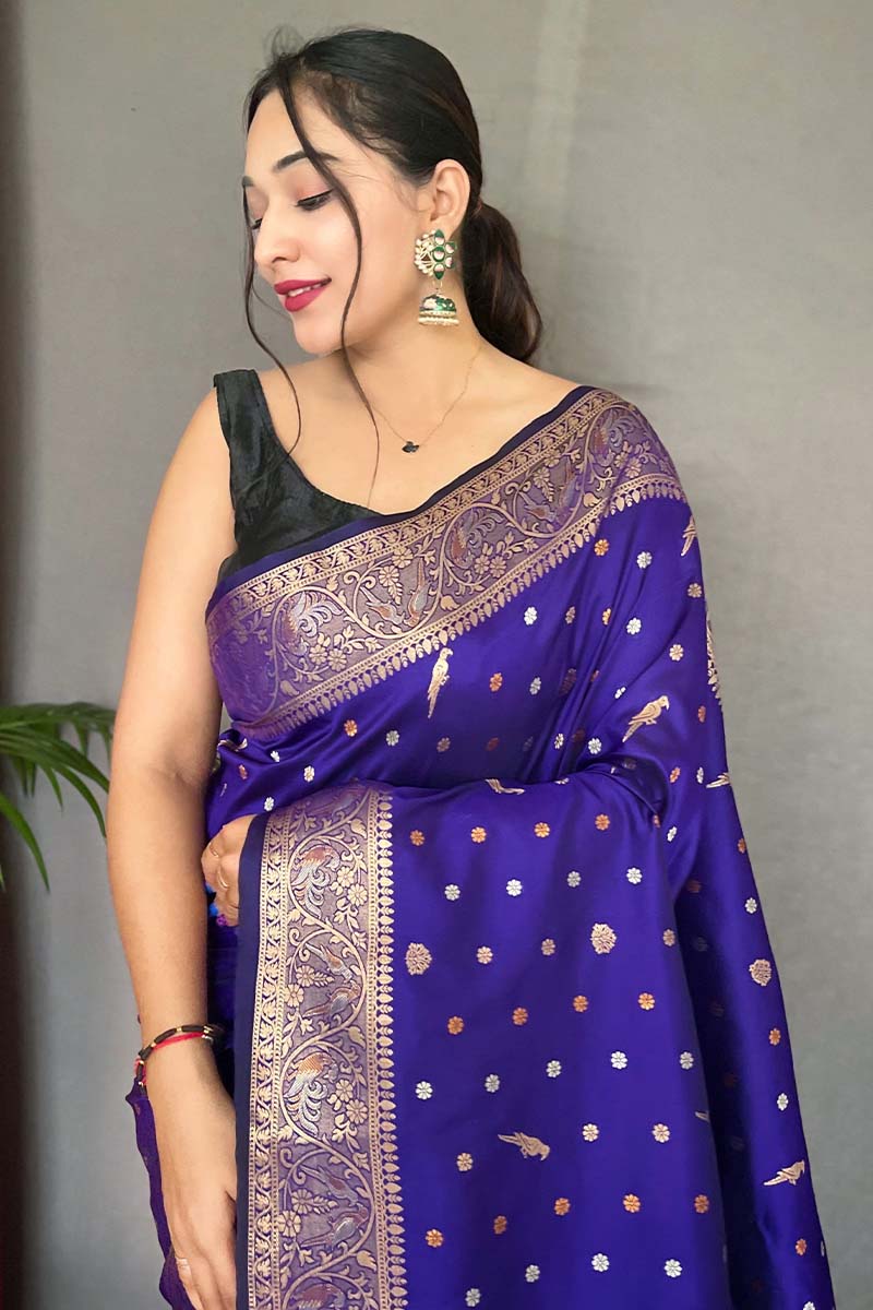 Panache Royal Blue Soft Banarasi Silk Saree With Ethereal Blouse Piece