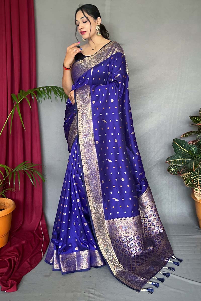 Panache Royal Blue Soft Banarasi Silk Saree With Ethereal Blouse Piece