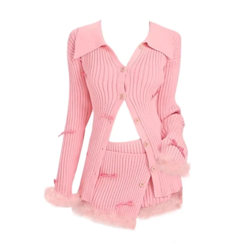 Cute Autumn Pink Knitted Suit Woman Kawaii Elegant Set Korea Fashion Clothing Woman Casual Sweater + Slim Bodycon Y2k Mini Skirt