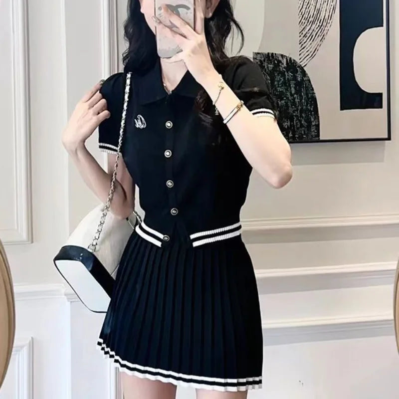 Women's Summer New Polo Neck Knitted Set Skirt Fashion Academy Style Button Top High Waist Pleated Short Skirt 2-piece Set Skirt