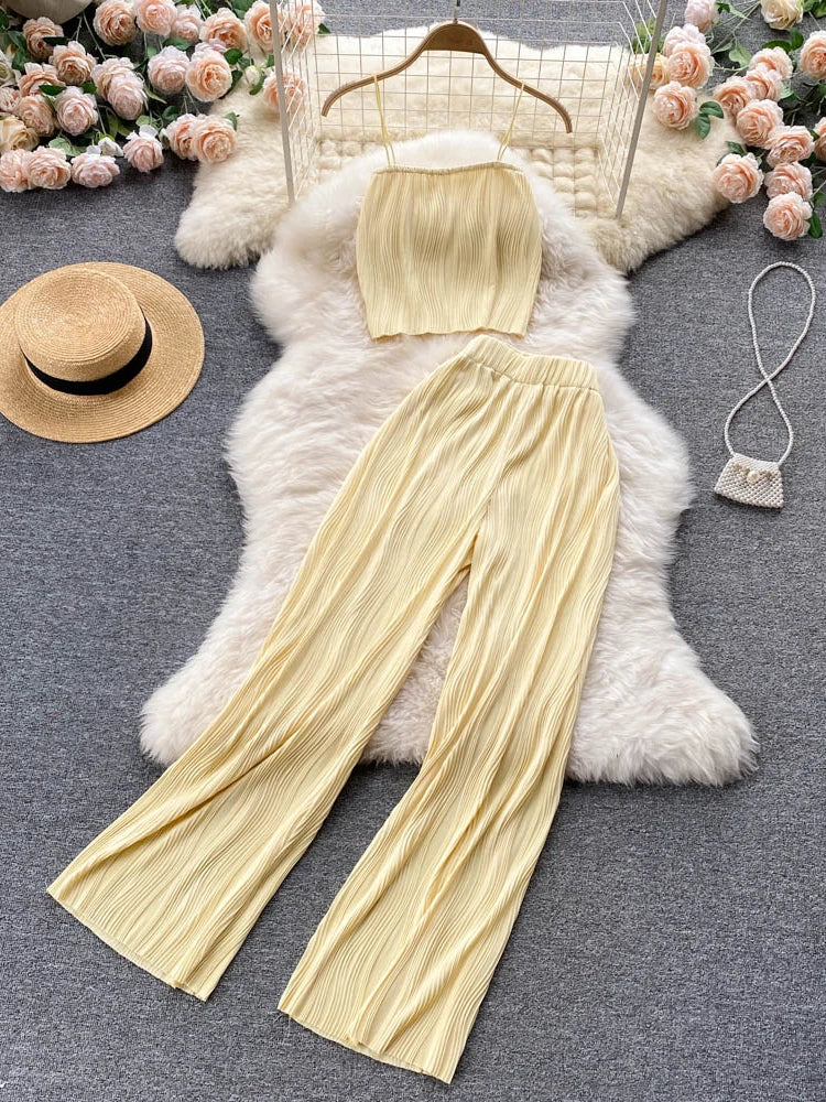 Women Summer Fashion Pants Set Spaghetti Strap Short Tops & High Waist Long Pants Two Piece Suits