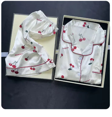 Cherry Print Two-Piece Pajama Set - Summer Shorts & Top