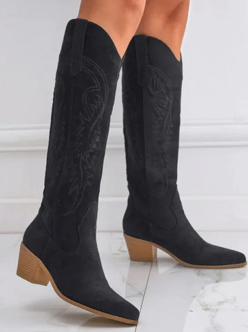 Chunky Heel Knee-high Embroidery Slip-on Middle Boots