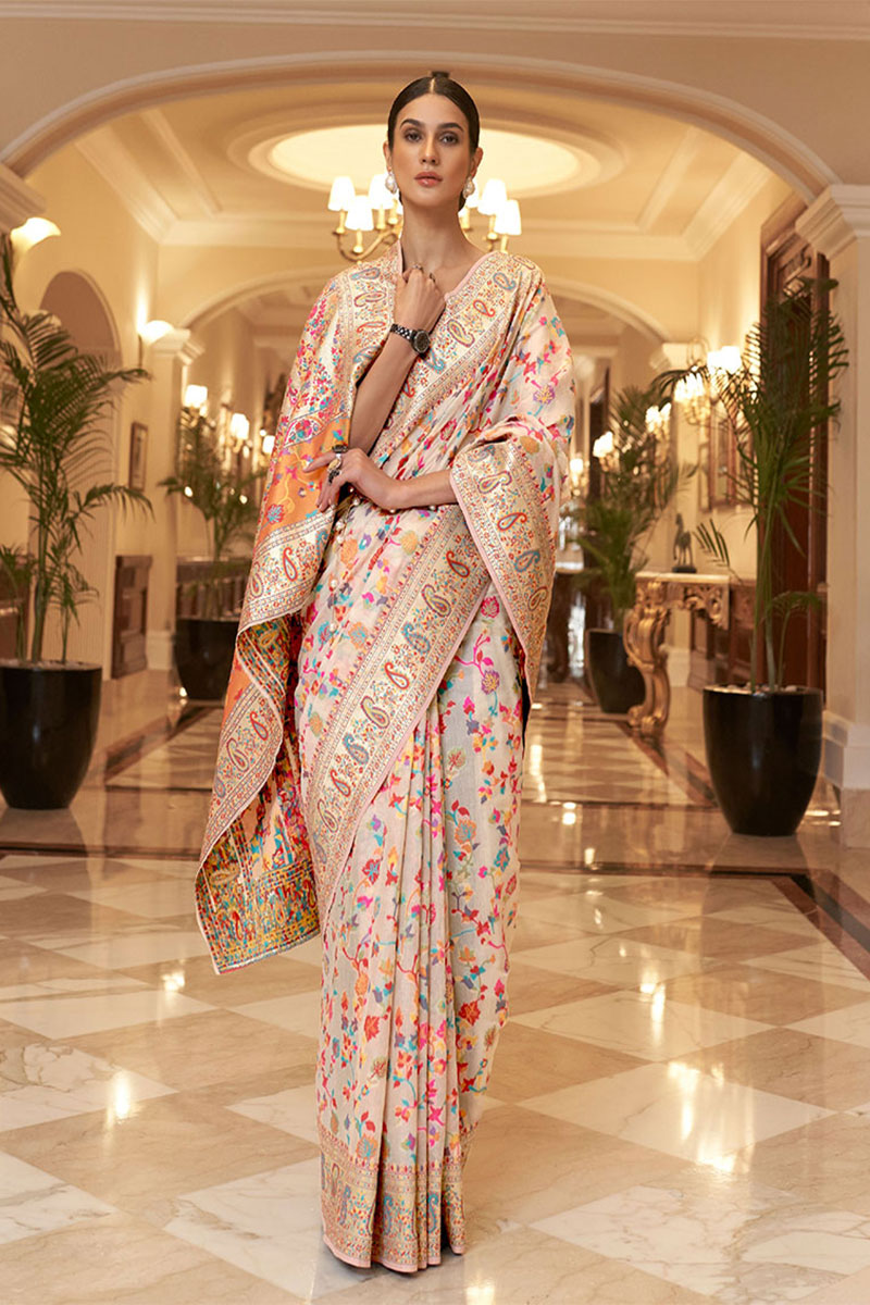 Surreptitious Beige Pashmina saree With Panoply Blouse Piece